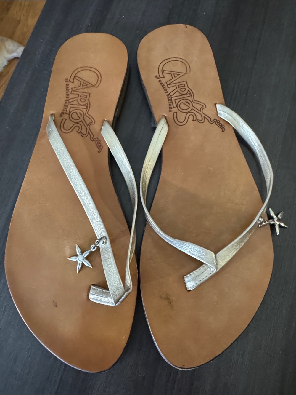 Carlos by Carlos Santana Metallic Silver Star Charm Leather Thong Sandals